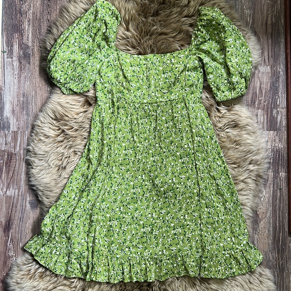 Reformation Samantha Green Floral Short Sleeve Mini Bristol Dress Women's Medium